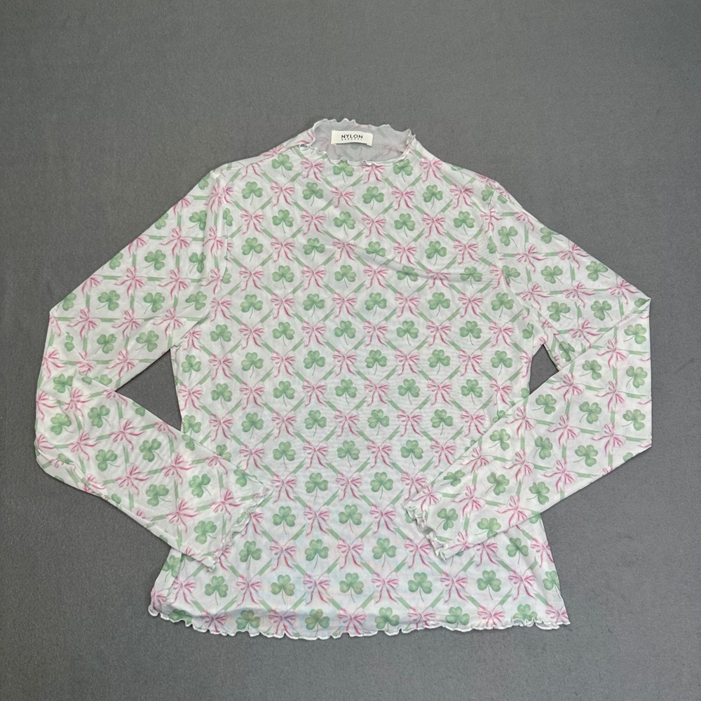 Nylon Apparel Y2K Fairy Mesh Sheer Top 3XL Shamrock Bow Mock Neck Lettuce Edge
